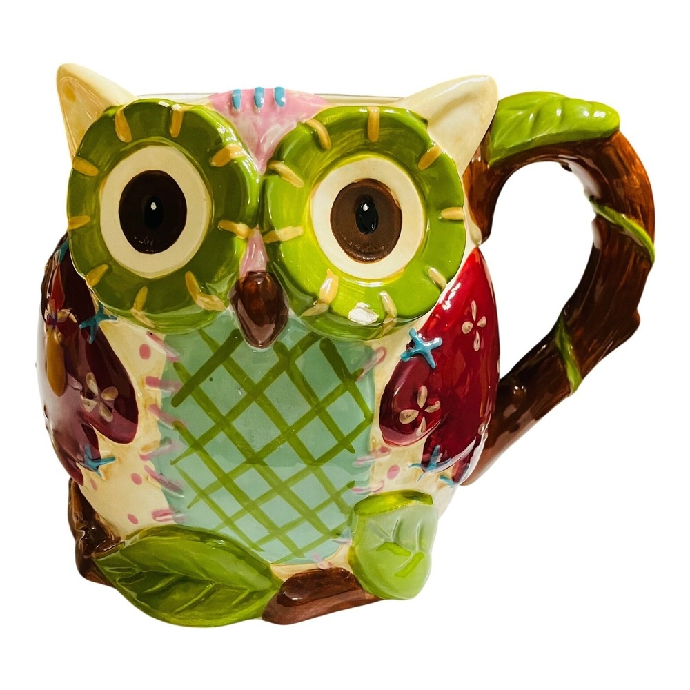 Pier 1 Imports Olli the Owl Mug Multicolor Excellent Patchwork Ceramic